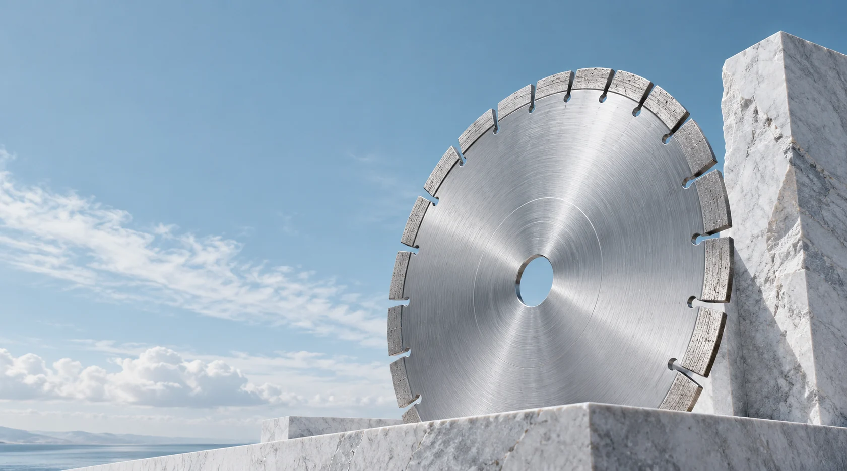Concept composition of a diamond saw blade and natural stone
