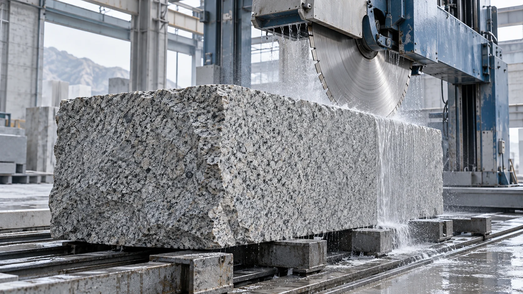 Illustrative diamond-blade slabbing of a granite block
