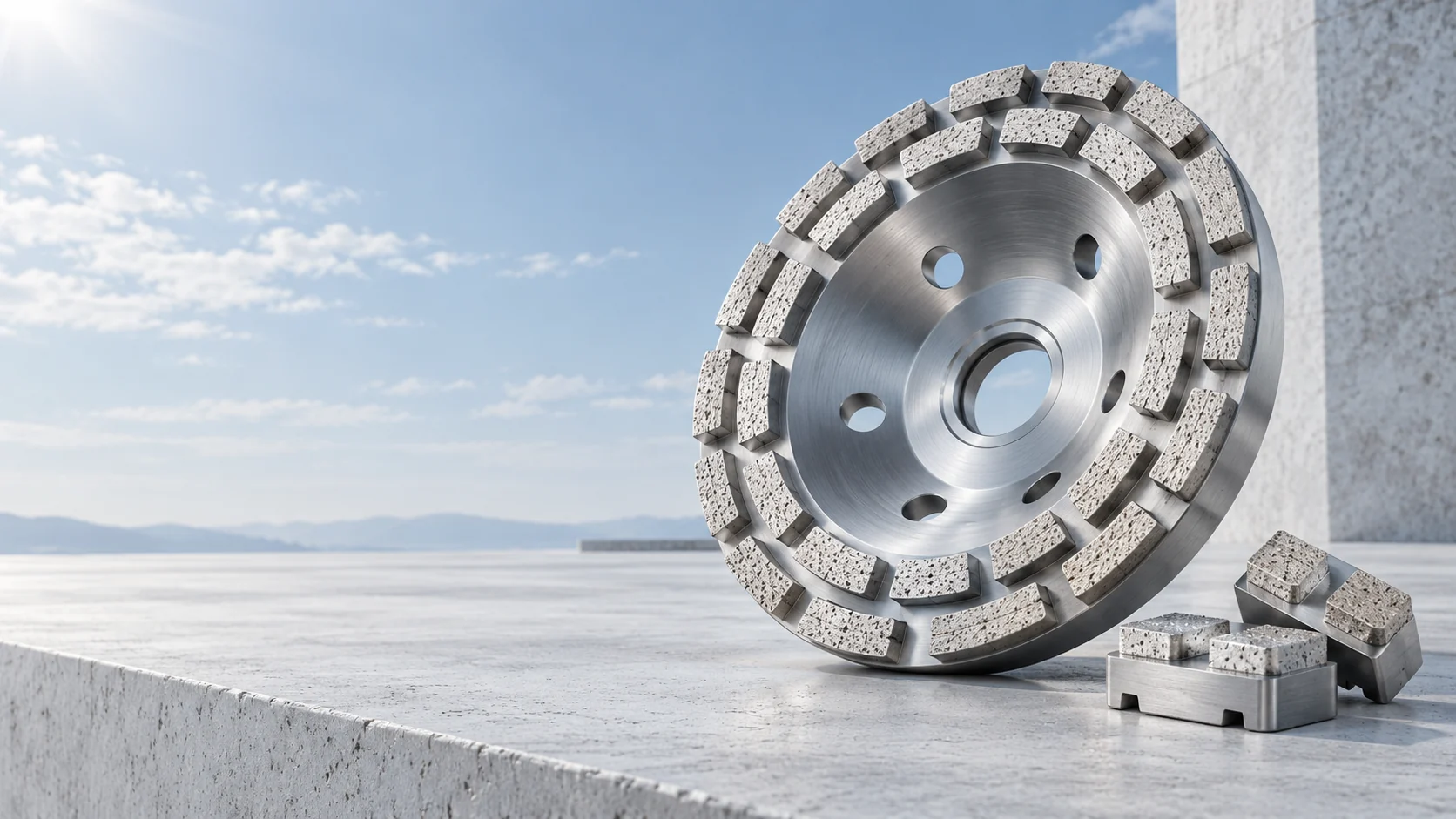 Concept composition of a grinding cup wheel and floor shoes