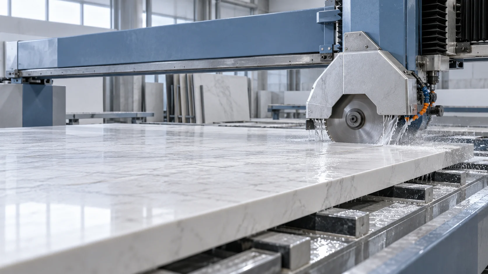 Illustrative wet bridge-saw cutting of a sintered-stone countertop slab